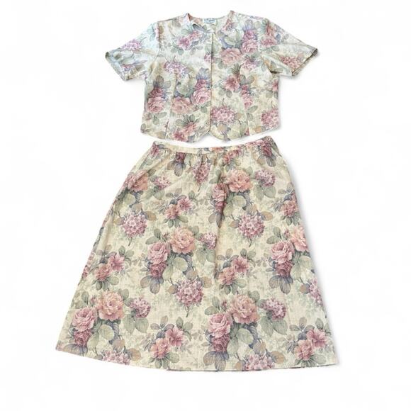 VTG Alfred Dunner Skirt Set 16 Linen Bld Beige Floral Cottage Modest Pastel 2 Pc - Picture 1 of 16